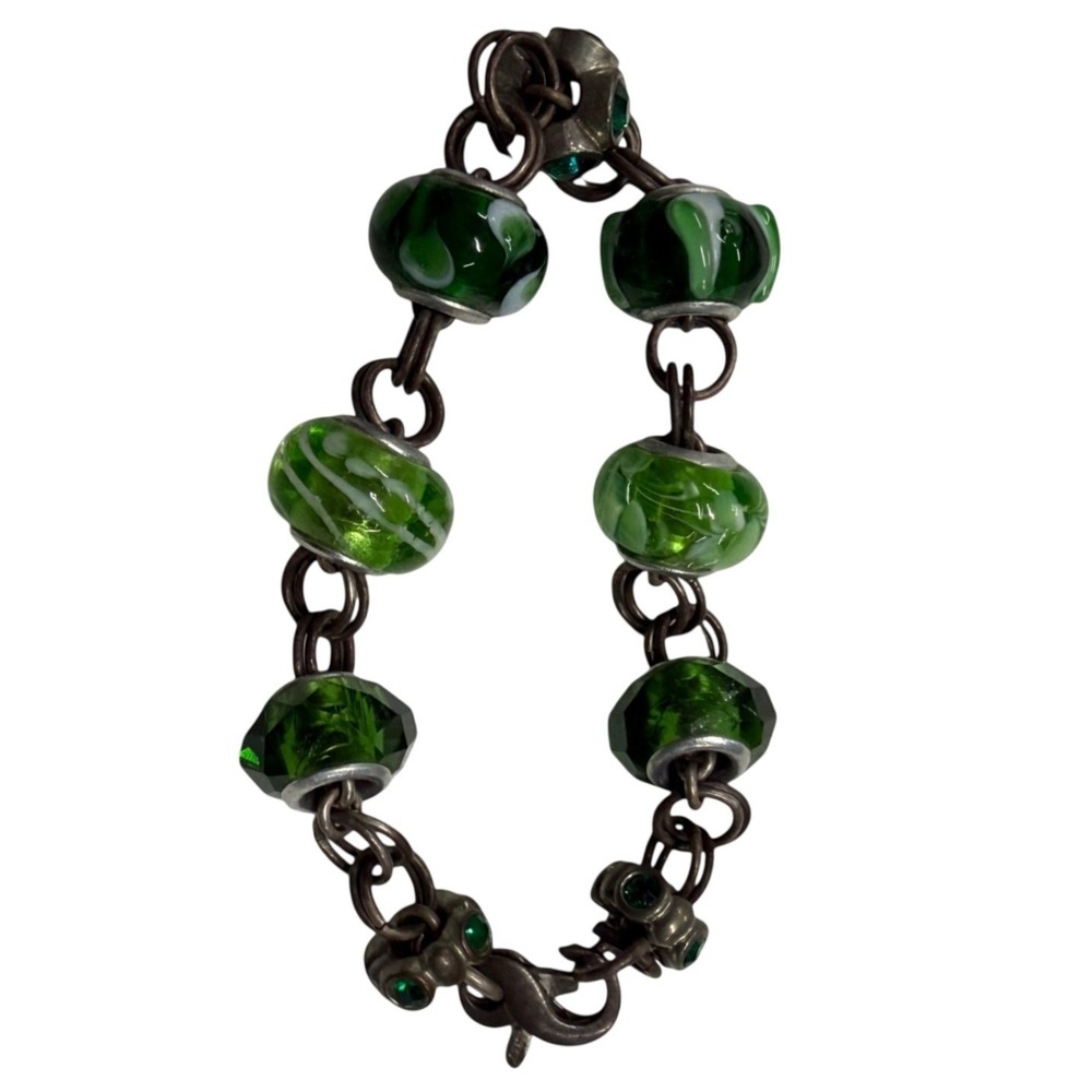 Sterling Silver 925 Green Murano Glass Bead Charm Bracelet